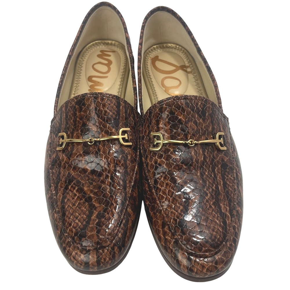 Sam Edelman Brown Snakeskin-Pattern Loafers with Gold Hardware